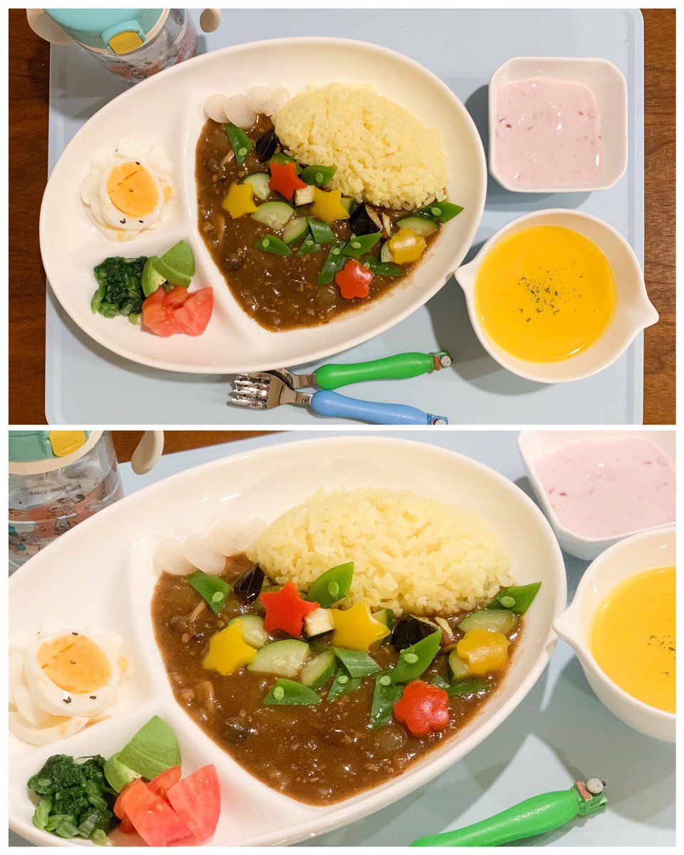 5月9日の #こどもごはん
にぃくん特製母の日カレー😋
(一緒に作って、にぃくんのと母のサラダ&amp;カレーの盛り付けはにぃくんがやった😄丸皿の自分のカレーは「顔」らしい🤣よくわからん)(いつも母担当の型抜き切れ端は今日は全部父の皿に🤣)
←弟2歳  兄7歳↓ 星田(母)→ 