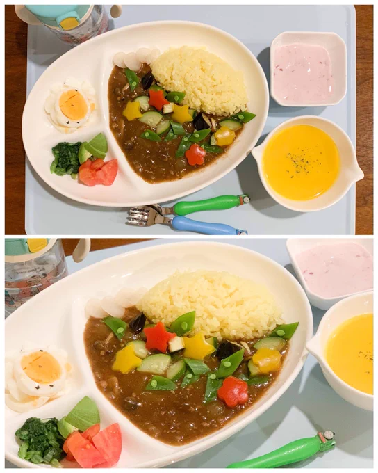5月9日の #こどもごはん
にぃくん特製母の日カレー😋
(一緒に作って、にぃくんのと母のサラダ&amp;カレーの盛り付けはにぃくんがやった😄丸皿の自分のカレーは「顔」らしい🤣よくわからん)(いつも母担当の型抜き切れ端は今日は全部父の皿に🤣)
←弟2歳  兄7歳↓ 星田(母)→ 