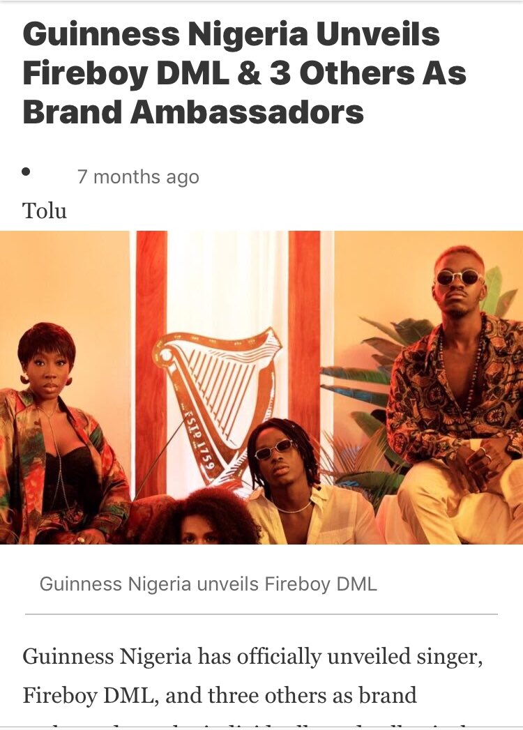 Fireboy signed a multimillionaire deal with Brewery Giant Guiness Fireboy has 3 Billboard Top Triller Global Entries VIBRATION was ranked the best song in Africa 2020 by Apple MusicFireboy is the First Artiste on Apple Music home session in Africa