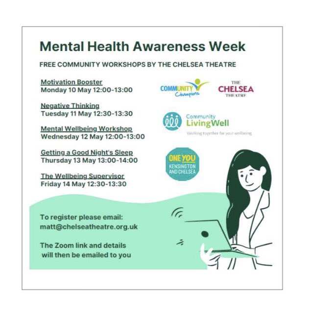 Chelsea Theatre (@chelseatheatre) on Twitter photo Mental Health Awareness Week starts tomorrow! Every lunchtime <a href="/ChelseaTheatre/">Chelsea Theatre</a> will be running online workshops with <a href="/CLWMentalHealth/">Community Living Well</a> & @OneYouRBKC. We’re launching with a Motivation Boosting session at midday by NHS practitioners. Email matt@chelseatheatre.org.uk to register! 💫 Mental Health Awareness Week starts tomorrow! Every lunchtime <a href="/ChelseaTheatre/">Chelsea Theatre</a> will be running online workshops with <a href="/CLWMentalHealth/">Community Living Well</a> & @OneYouRBKC. We’re launching with a Motivation Boosting session at midday by NHS practitioners. Email matt@chelseatheatre.org.uk to register! 💫