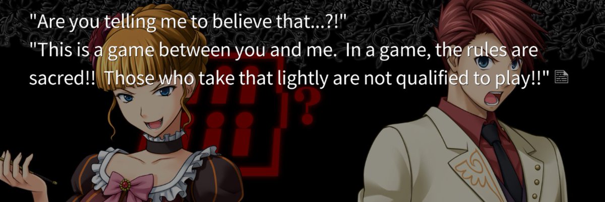 beato: "ok don't trust *me* but at least trust me as *your opponent*"battler: "ok I guess"even though he's denying her they have so much fun here... this is where their chemistry really starts, I think, they bond over mystery even if Battler's solution is wrong