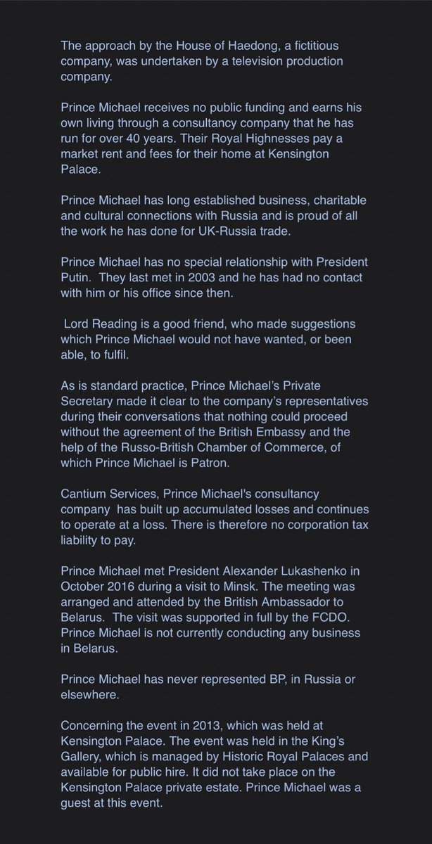 Simon Astaire, spokesman for HRH Prince Michael of Kent, has released a statement addressing the numerous claims made in a  @thesundaytimes and  @C4Dispatches investigation, including the allegation that he had used his royal status to sell access to Vladimir Putin: