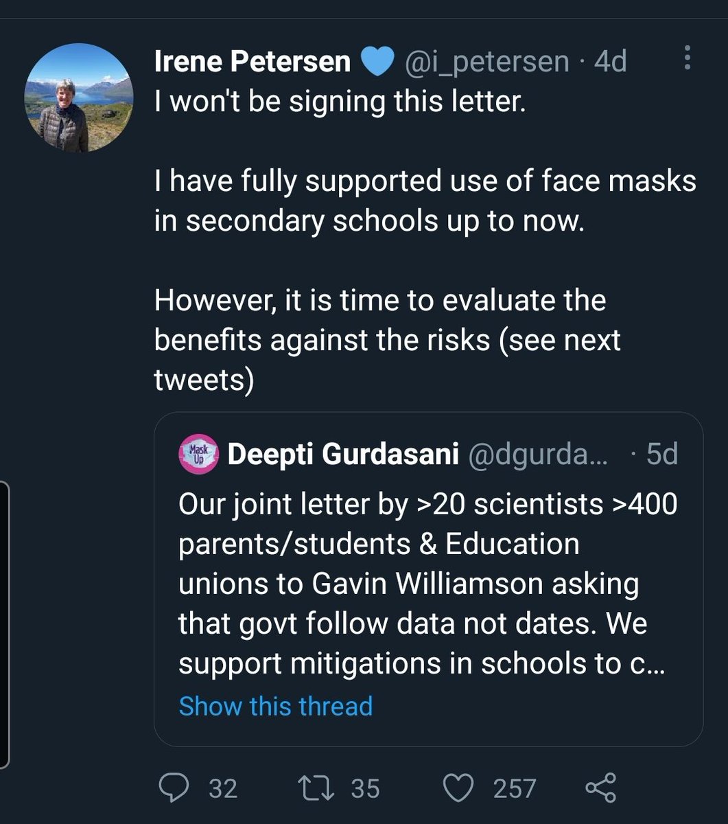 5/ Of course there are some who think masks should go, the GBD advocates, but others as well.We keep hearing balance of harms in relation to masks in school, but these harms aren't being defined or evidenced when asked.Longcovid as a reason to keep masks is often dismissed