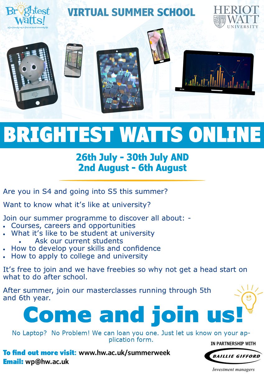 TraceyHWU's tweet photo. Starting 5th year this year? Sign up for Heriot-Watt University's Brightest Watts Programme to find out what it’s like at university. It’s free and online –we can even loan you a laptop. Talk to students and staff and, when we can, come and see our campus: https://t.co/ZgaGOTmDOd https://t.co/yYE03ckL7e