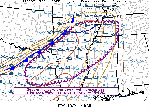 NWSSPC's tweet photo. 12:15pm CDT #SPC_MD 0568 , #tnwx #mswx #mowx #arwx #lawx #txwx #okwx, https://t.co/RNMMoHBO5n https://t.co/EfRIAnT74u