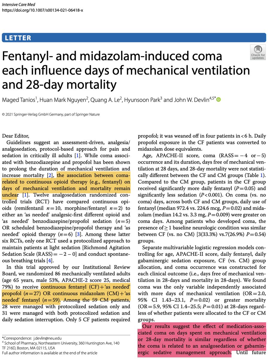 PulmCrit's tweet photo. small study suggests that fentanyl gtts &amp; midazolam gtts are *equally* harmful.  maybe this can help debunk the dogma that benzodiazepine gtts are harmful whereas fentanyl gtts are awesome.  (more on my hatred of fentanyl gtts in an old blog here: https://t.co/DZX7i5rn5J) https://t.co/m9qsTsfkZ7