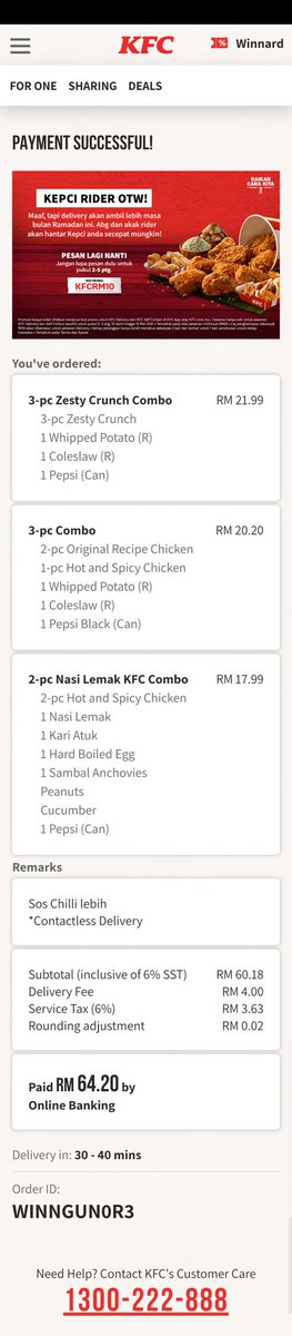 WinnardLee's tweet photo. @KFCmalaysia Wow KFC !! I order from 8:30pm, your deliver time is 9:07pm, but now after 2 hour 10:52pm I didn't receive my KFC order yet. Cant even contact customer service👎 https://t.co/xhPk9YttAe