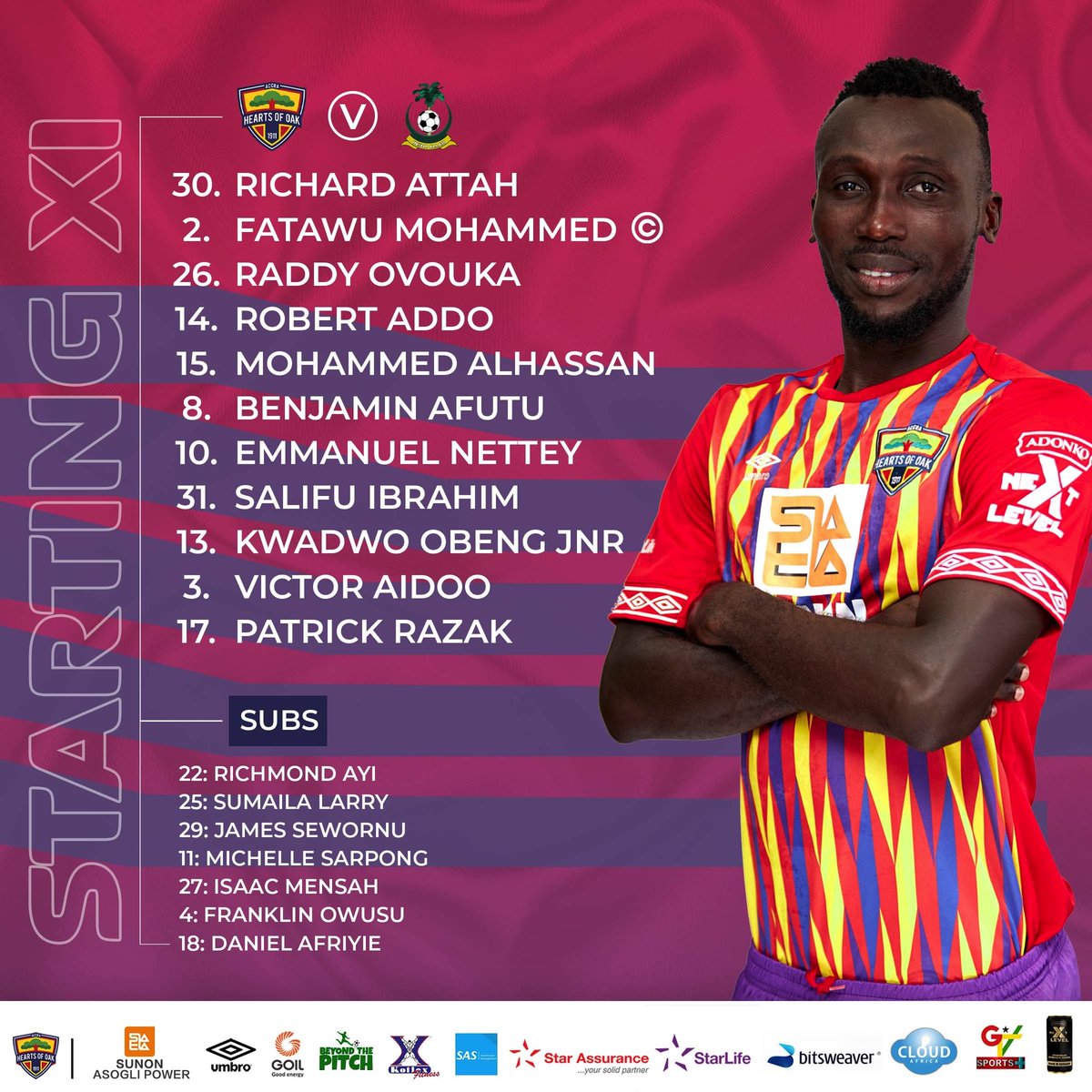 HeartsOfOakGH's tweet photo. 📰 Today's team news...

☑️ Raddy Ovouka returns to take his place at left back. 
☑️ Richard Attah to man the goalposts. 
☑️ Robert Addo makes his 1st start under Coach Boadu.
☑️ Salifu, Nettey and Kwadwo Obeng Jnr start
#AHOSC 
#PositiveEnergy
#HeartsFaisal https://t.co/s0SfgFoQ9i