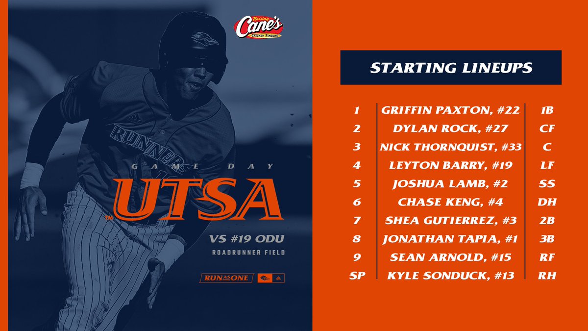 UTSABSB's tweet image. Handing the ball to freshman Kyle Sonduck for his second career start as we look to claim a series over No. 19 ODU at 1 pm. 

💻 GoUTSA.com/BSBVideo
📊 GoUTSA.com/BSBStats

#BirdsUp 🤙
