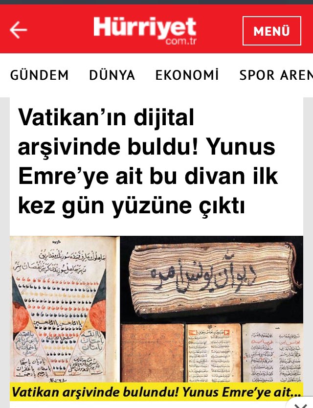 Bugün Yunus Emre Divanı’nın Vatikan Nüshasını ilim alemine tanıttık. Vatikan arşivlerinde bulduğumuz bu yeni nüsha Yunus’u bağrından çıkaran büyük Türk milletine Yunus Emre ve Türkçe Yılı’nda armağanımız olsun.
Yunus’un ve Anadolu’yu vatan yapanların ruhları şad olsun!
#YunusEmre