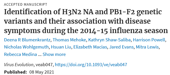 New pub that looks at the emergence of H3N2 viruses in 2014-15 that had glycosylation changes in HA and NA. An <a href="/ceirsinfluenza/">@CEIRSInfluenza</a> project with <a href="/JohnsHopkinsMMI/">Molecular Microbiology and Immunology</a> <a href="/HopkinsMedicine/">Johns Hopkins Medicine</a> and <a href="/JHUAPL/">Johns Hopkins APL</a> colabs.  academic.oup.com/ve/advance-art…