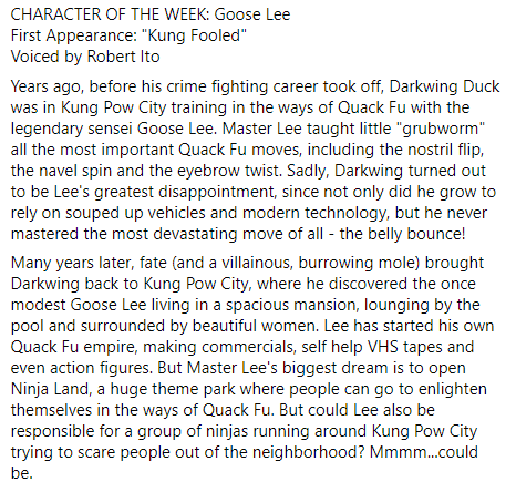 stcanardfiles's tweet photo. CHARACTER OF THE WEEK: Goose Lee
First Appearance: "Kung Fooled"
Voiced by Robert Ito
#darkwingduck #letsgetdangerous #gooselee #kungfooled #disneyafternoon #kungpowcity #quackfu https://t.co/KRH6wmpFLa