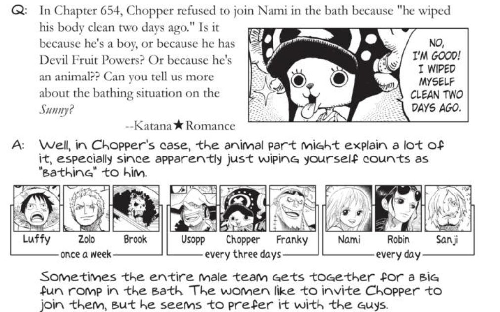 this SBS answer was so sweet and i thought "what if sanji kept his leg hair so chopper wasn't the only hairy one?" also the last part of another sbs where it says that all the men shower together every once in a while.
