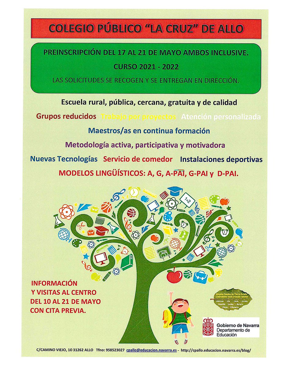 📚 🏫 PRE - INSCRIPCIONES  COLEGIO PÚBLICO “LA CRUZ” 🏫 📚
👉🏼 Más información en el teléfono de contacto o en la dirección..
#Alloenredes #AyuntamientodeAllo #ayuntamiento #colegiopúblico