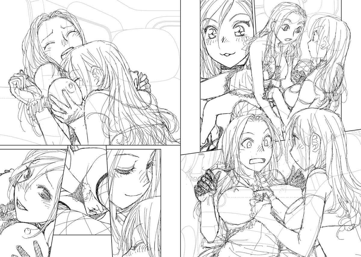 見開き単位で作業してた連載の下描き台詞フキダシ擬音無しバージョン…40↓
やっぱり何度見ても完成ページよりラフな下描きの方が良く見える〜脳内補完のせいだけじゃないよーな気がする(^^;; 