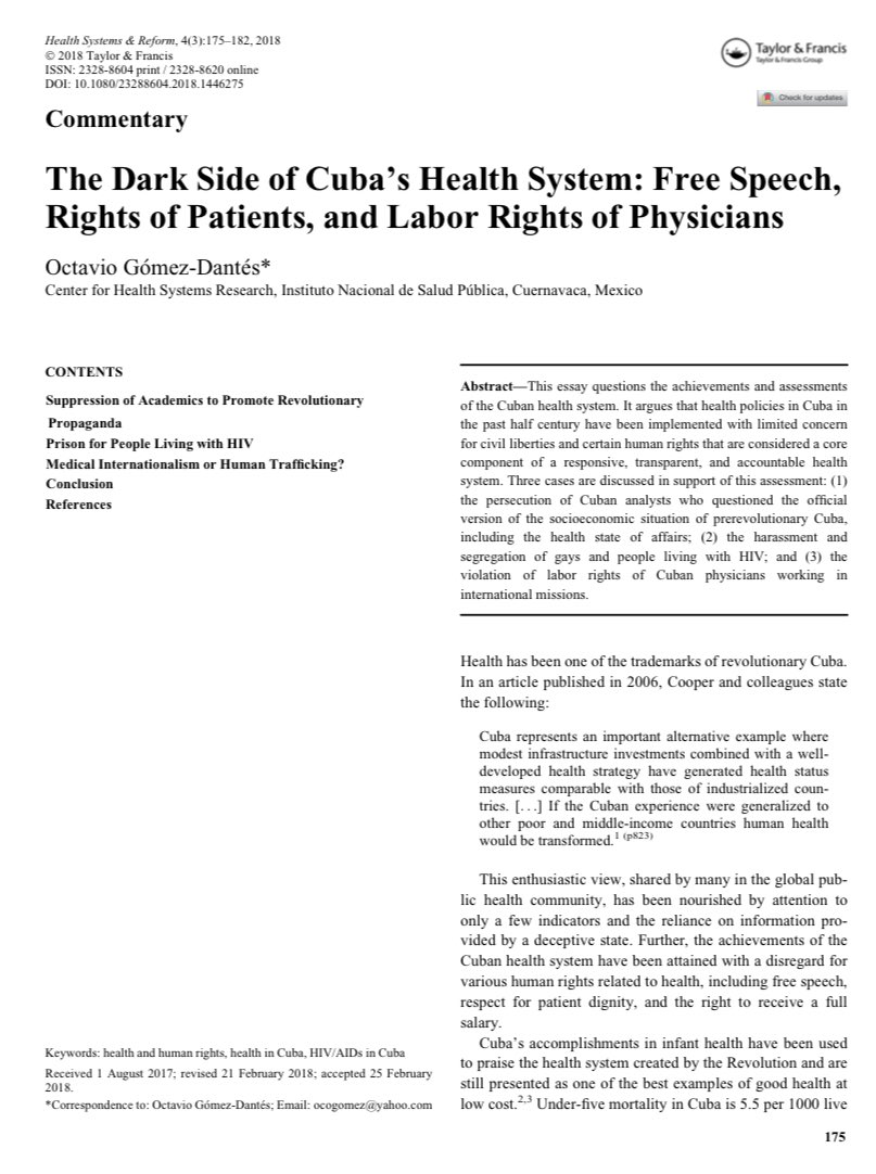 A piece critical of Cuba’s health system. One will find lot of articles praising Cuban health care. But since we are focusing on articles critical of establishment, putting this here  https://www.tandfonline.com/doi/pdf/10.1080/23288604.2018.1446275?needAccess=true