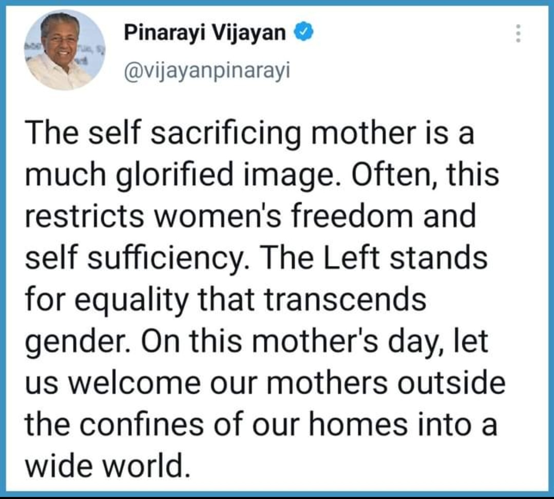 RitikaG2065's tweet photo. @vijayanpinarayi  So well said!! Happy Mother's Day!! May all the Mothers be and do what they want to!! https://t.co/MDzRO0vPFs