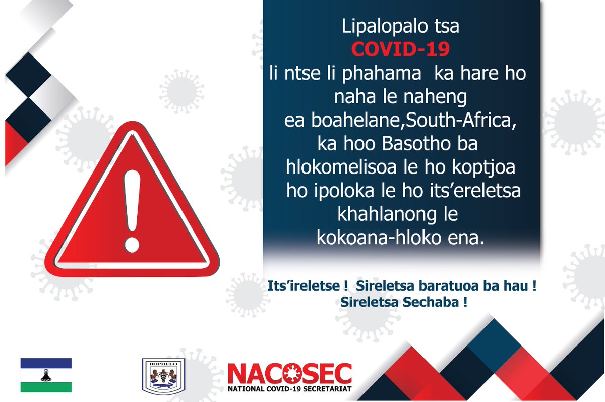 The fight against Covid-19 is not over,  we all have a role to play in curbing the spread of COVID-19.  Its'ireletse, ts'ireletsa baratuoa ba hau, ts'ireletsa naha!

#StaySafeAtHome
#maskup
#COVIDLesotho