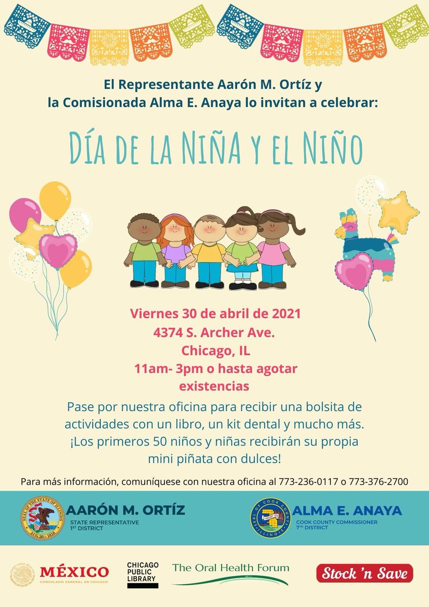 🍭🍬🪅April 30th is Children's Day in México! To commemorate this traditional celebration, stop by our office &amp; each child will get an activity bag w/ a book, a dental kit &amp; much more. First 50 kids also get their own mini piñata w/ candy! Please wear a mask &amp; socially distance.