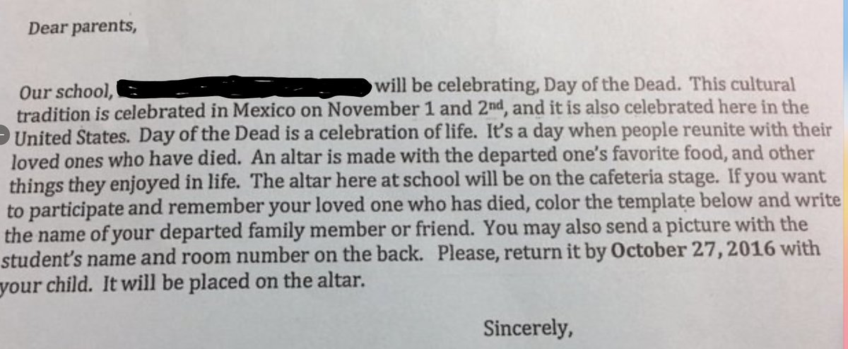 Public schools are scared of Christianity. A school I worked that celebrates Day of the Dead with their students.Pic from the altar in the student cafeteria and letter to parents. They were offended at my concern. FBI: Santa Muerte https://leb.fbi.gov/articles/featured-articles/santa-muerte-inspired-and-ritualistic-killings