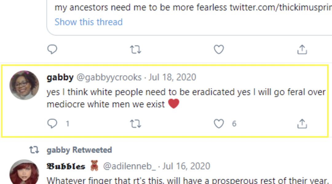 . @gabbyycrooks, a senator in Stanford's student government, has explicitly called for the eradication of white people. The fact that a member of Stanford's student government would endorse genocide against white, regardless of circumstances, is horrific and intolerable. 1/