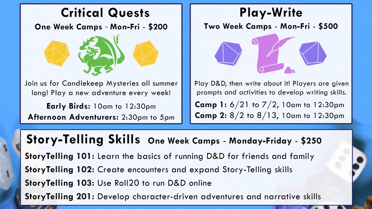 Join us all summer long for Candlekeep Mysteries and play a new adventure every week! Become a Play-Write and take on creative writing prompts about your hero's journey! Learn how to run D&D and advance your story telling skills!  http://gamingtogether.net/offerings 