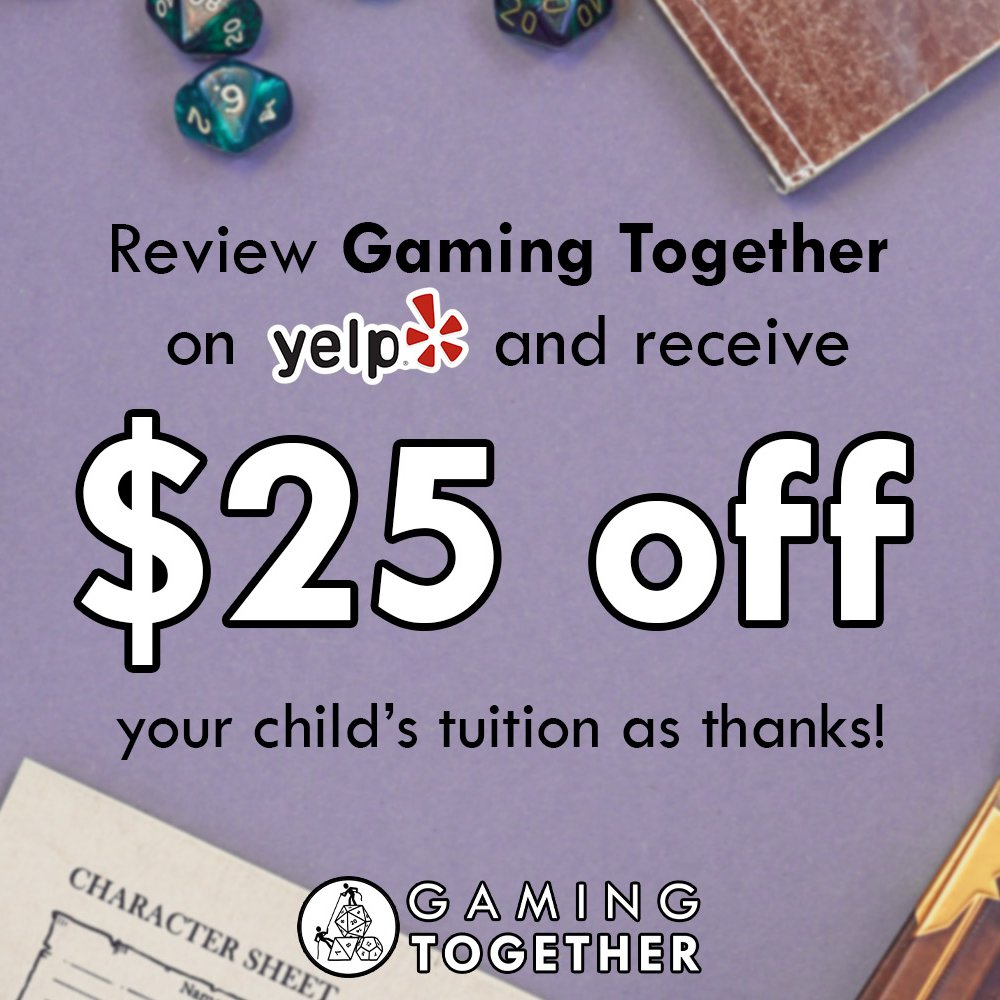 Finally, we have some coupons to say thanks to those who are already a part of our Gaming Together family!1. $25 off tuition for families who registered with us during the Spring 2021 semester2. $25 off tuition if you write a new review on our yelp! https://www.yelp.com/biz/gaming-together-redwood-city