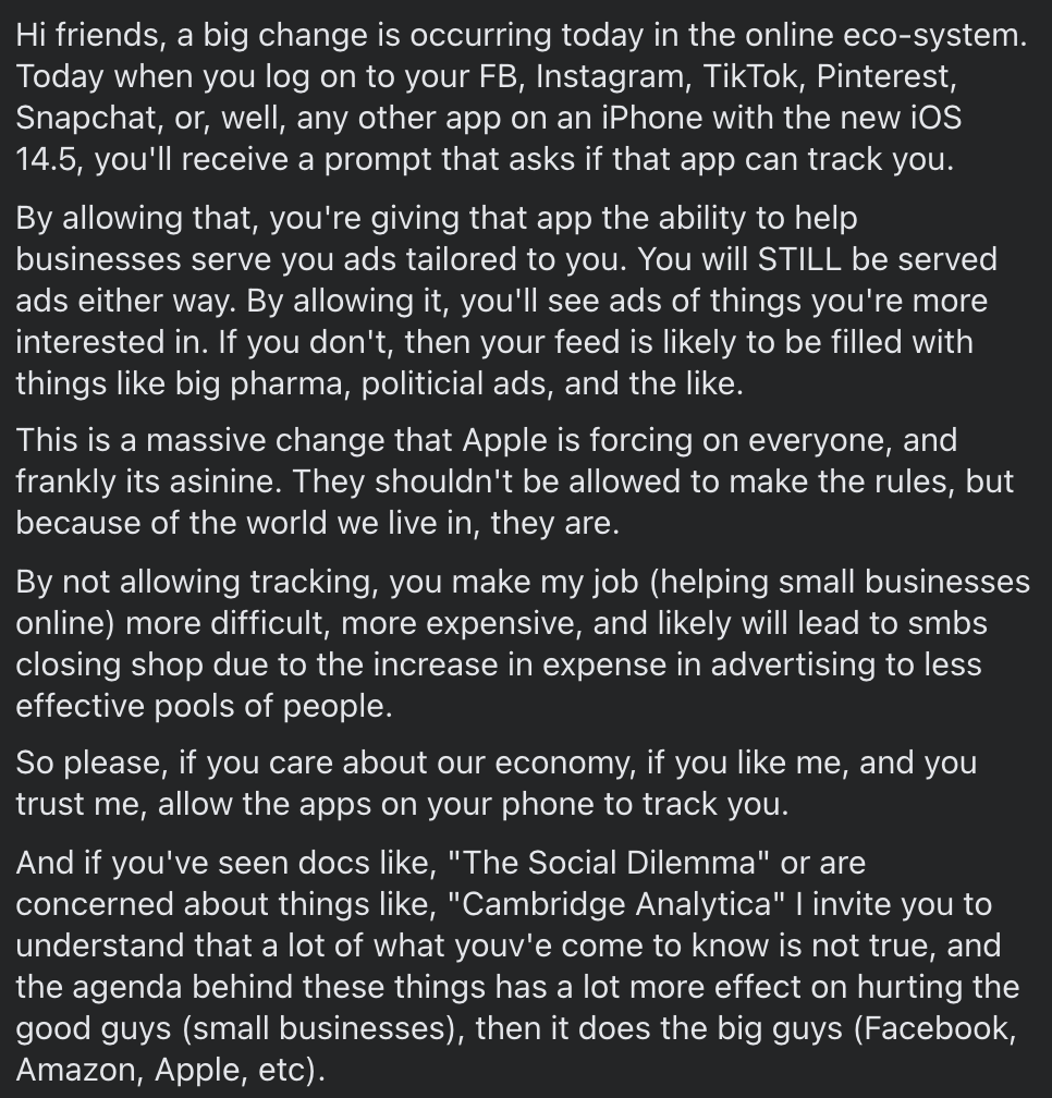 herrmanndigital's tweet photo. I’ve had more than a handful of people ask for me to share this on Twitter. So here you go. 

Data sharing / privacy is in a unique battle. I’m under the belief privacy / personalized ads can co-mingle. 

I just don’t want Apple setting the rules. https://t.co/K9OThNdBAu