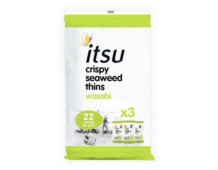 Itsu Seaweed Thinsreally flavoursome, the sea salt version taste like crab sticks without the weird texturesea salt version are 24 cals per PACK and the wasabi ones are even less at 22 cals