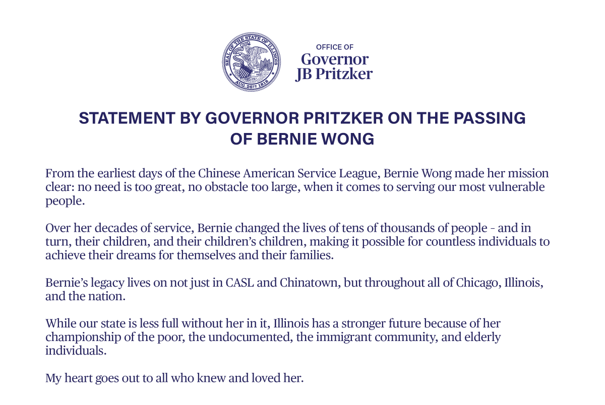 GovPritzker's tweet photo. From the earliest days of @CASLmedia, Bernie Wong made her mission clear: no need is too great, no obstacle too large, when it comes to serving our most vulnerable people. 

My full statement on her passing: https://t.co/d3xlZaBwQR