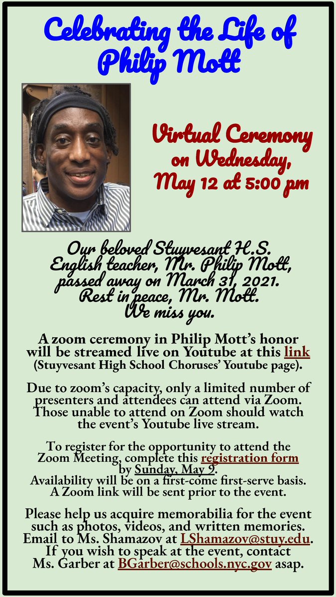 Stuyvesant High School (@stuyny) on Twitter photo Join <a href="/StuyNY/">Stuyvesant High School</a> in celebrating the life of Mr. Philip Mott on May 12, 2021 at 5pm. See flll size PDF with links here: drive.google.com/file/d/1i7zBk2…. <a href="/stuypa/">StuyPA-Org</a> <a href="/stuyalumni/">Stuy Alumni</a> Join <a href="/StuyNY/">Stuyvesant High School</a> in celebrating the life of Mr. Philip Mott on May 12, 2021 at 5pm. See flll size PDF with links here: drive.google.com/file/d/1i7zBk2…. <a href="/stuypa/">StuyPA-Org</a> <a href="/stuyalumni/">Stuy Alumni</a>