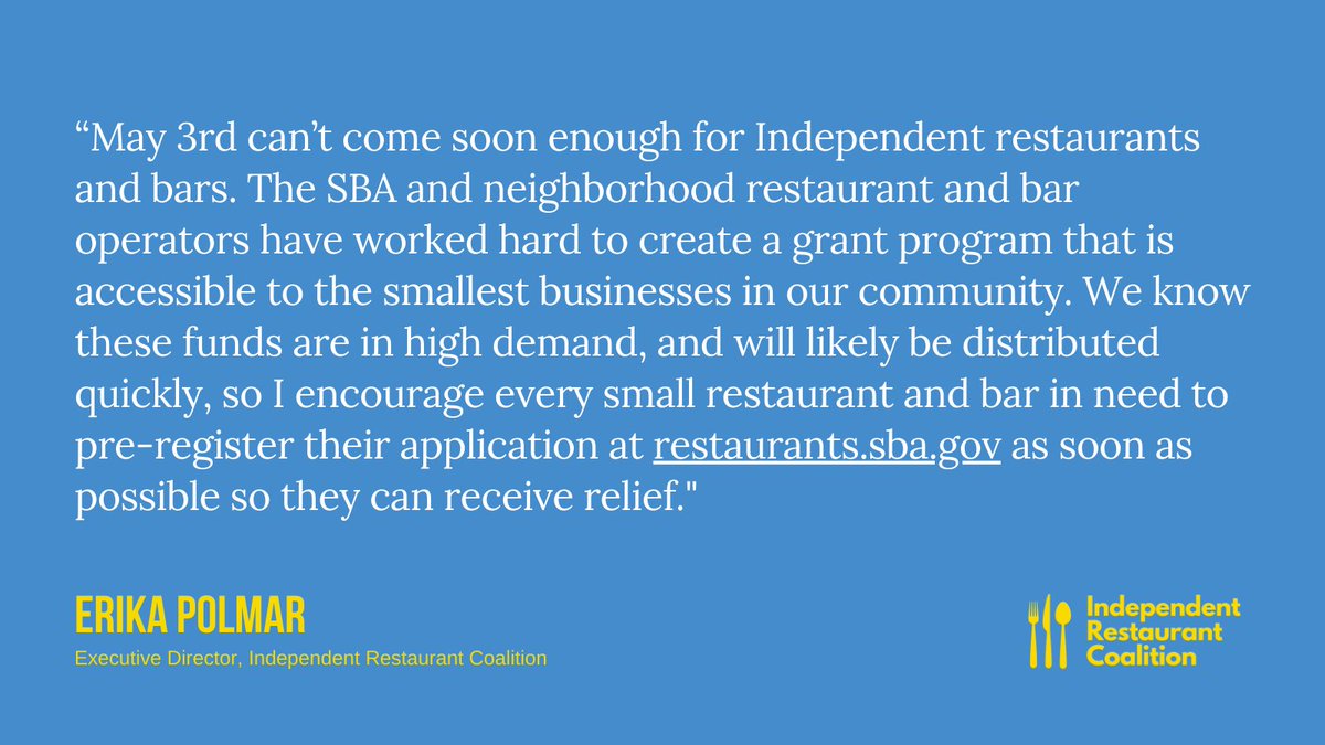 We encourage all independent restaurants and bars in need to register on Friday, April 30th and submit your application on Monday, May 3rd at restaurants.sba.gov #SaveRestaurants