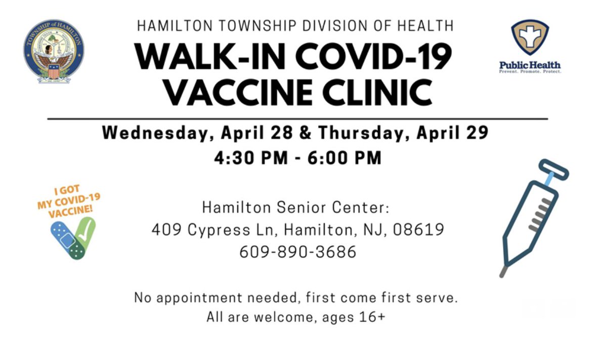 WeAreHTSD (@wearehtsd) on Twitter photo 📣 IMPORTANT COMMUNITY ANNOUNCEMENT 📣
<a href="/HamiltonTwpNJ/">Hamilton Township NJ</a> Division of Health
Walk-in COVID-19 Vaccine Clinic
Wed., April 2️⃣8️⃣ & Thu., April 2️⃣9️⃣
4:30-6:00PM
No appointment necessary - first come, first serve
For ages 1️⃣6️⃣ +
<a href="/ScottRRocco/">Scott Rocco, Ed.D.</a> <a href="/HTSDSecondary/">Jim Altobello Ed.D.</a> <a href="/oboylejf/">Jim O'Boyle</a>
#HTSD #OneHamilton 📣 IMPORTANT COMMUNITY ANNOUNCEMENT 📣
<a href="/HamiltonTwpNJ/">Hamilton Township NJ</a> Division of Health
Walk-in COVID-19 Vaccine Clinic
Wed., April 2️⃣8️⃣ & Thu., April 2️⃣9️⃣
4:30-6:00PM
No appointment necessary - first come, first serve
For ages 1️⃣6️⃣ +
<a href="/ScottRRocco/">Scott Rocco, Ed.D.</a> <a href="/HTSDSecondary/">Jim Altobello Ed.D.</a> <a href="/oboylejf/">Jim O'Boyle</a>
#HTSD #OneHamilton