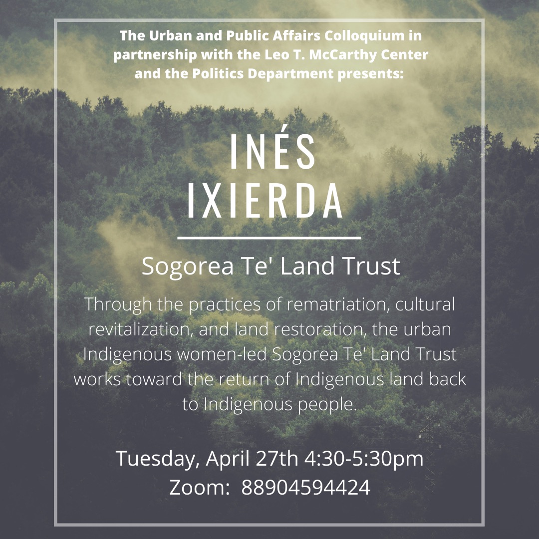 USFcaUPA's tweet photo. Colloquium today will feature a presentation on revitalization of Indigenous space and the Sogorea Te' Land Trust's work towards returning land to Indigenous peoples. See you at 4:30pm PST! https://t.co/WSqPMwPeBh