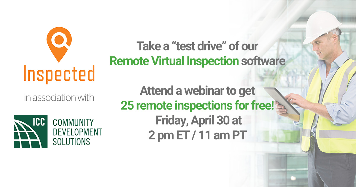 GeneralCodeCMS's tweet image. Take a “test drive” of Inspected’s remote virtual inspection (RVI) software. Join our webinar on Friday, April 30 at 2 pm ET/11 am PT. Get 25 FREE virtual inspections! Learn more and register here: bit.ly/3npudJf