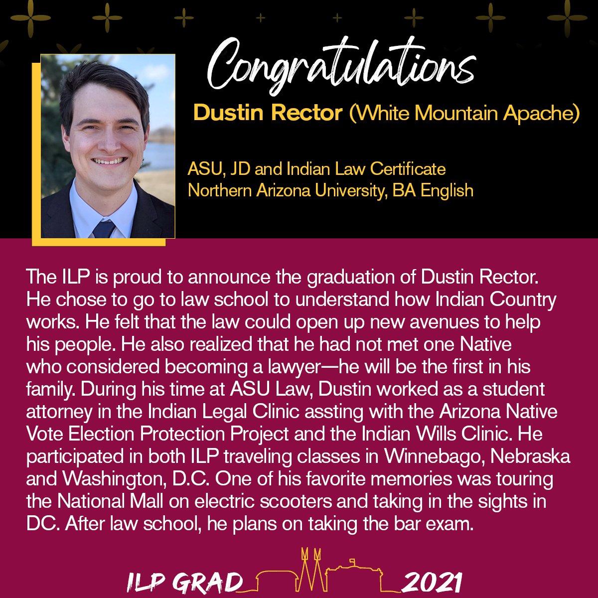 asuilp's tweet photo. Congrats to ILP graduate Dustin Rector!๐ This White Mountain Apache is wrapping up his final semester in DC. We are so excited for his future.
#asuilp #ILPgrads2021 #2021NativeGrad https://t.co/sznL9jlaYp