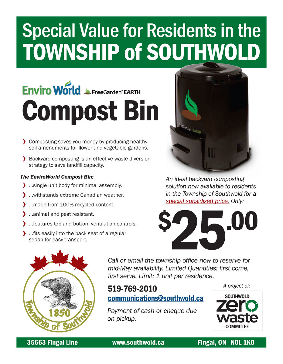 TwpofSouthwold's tweet photo. Now available for pre-order! Call the Township office to get yours before they are all spoken for!
Pick up date to be scheduled for Mid-May.
#southwoldzerowaste #backyardcomposter #townshipofsouthwold https://t.co/wGVYmOpMpX