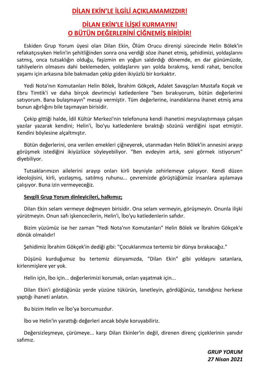 Polisi şehit eden Terörist Sibel Yalçın'a şarkı yazıyoralar,
Savcıyı şehit eden Terörist Şafak Yayla'yı konserlerinde kahraman gibi övüyorlar,
 İntihar etmeyen Dilan Ekin'i linç ediyorlar,
DİLAN EKİN'İ  HEDEF GÖSTERİYOR  Bu nasıl müzik gurubu???

Gurup Yorum sözde özleri ekte