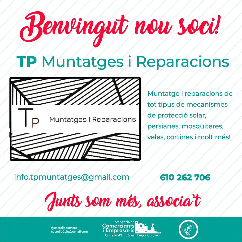 castellocomerc's tweet photo. BENVINGUT @tp_muntatges !!!

Muntatge i reparacions de tot tipus de mecanismes de protecció solar, persianes, mosquiteres, veles, cortines i molt més!

Associa’t amb nosaltres des de https://t.co/qHzZMpQEFi

#comerçcastelloempuriabrava #castelloempuriabrava #emporda https://t.co/QbGgfAnfgX