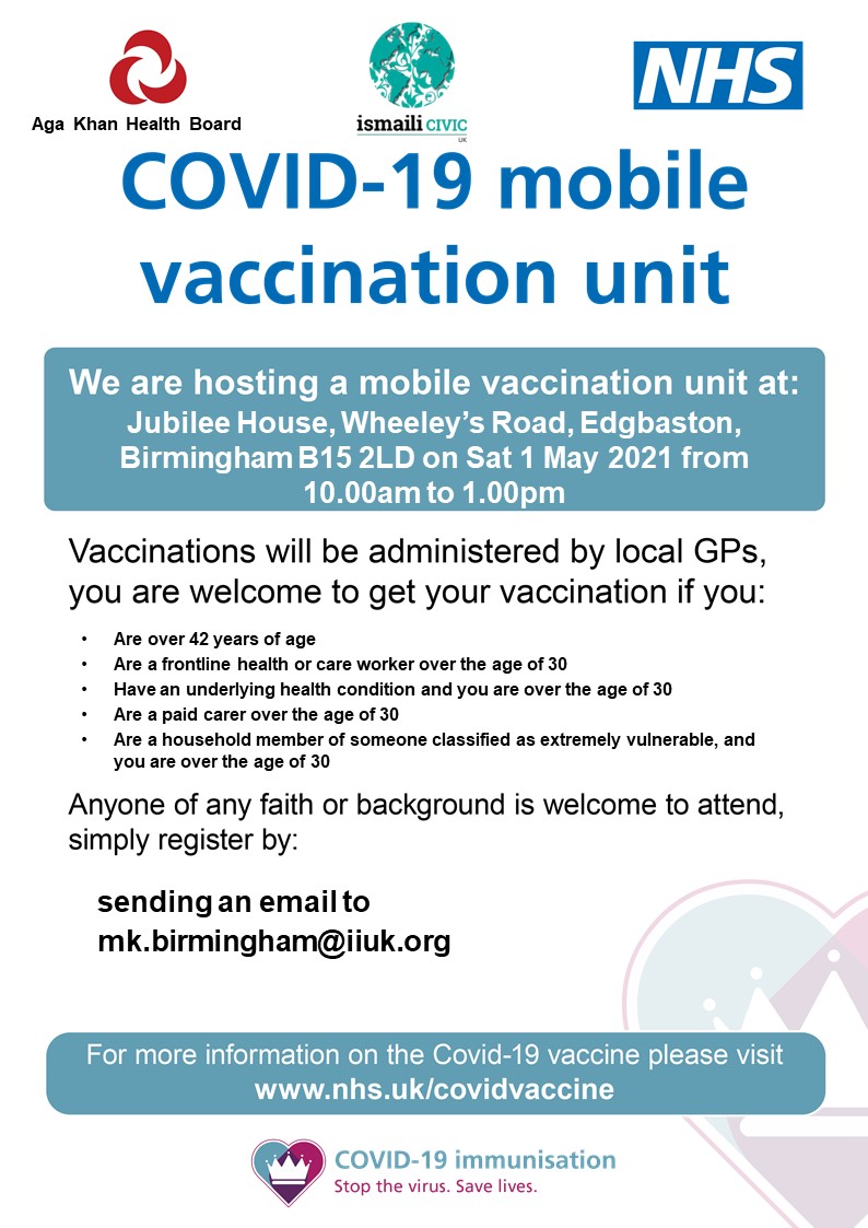 NHSBSol's tweet photo. Our #COVID19 vaccination vans will be at Jubilee House in Edgbaston on 1 May from 10am. You are eligible to register if you:

▶️ Are aged 42 and over
▶️ Have an underlying health condition
▶️ Are a paid carer

To register for a vaccine, please email mk.birmingham@iiuk.org https://t.co/JH0DGn9od8