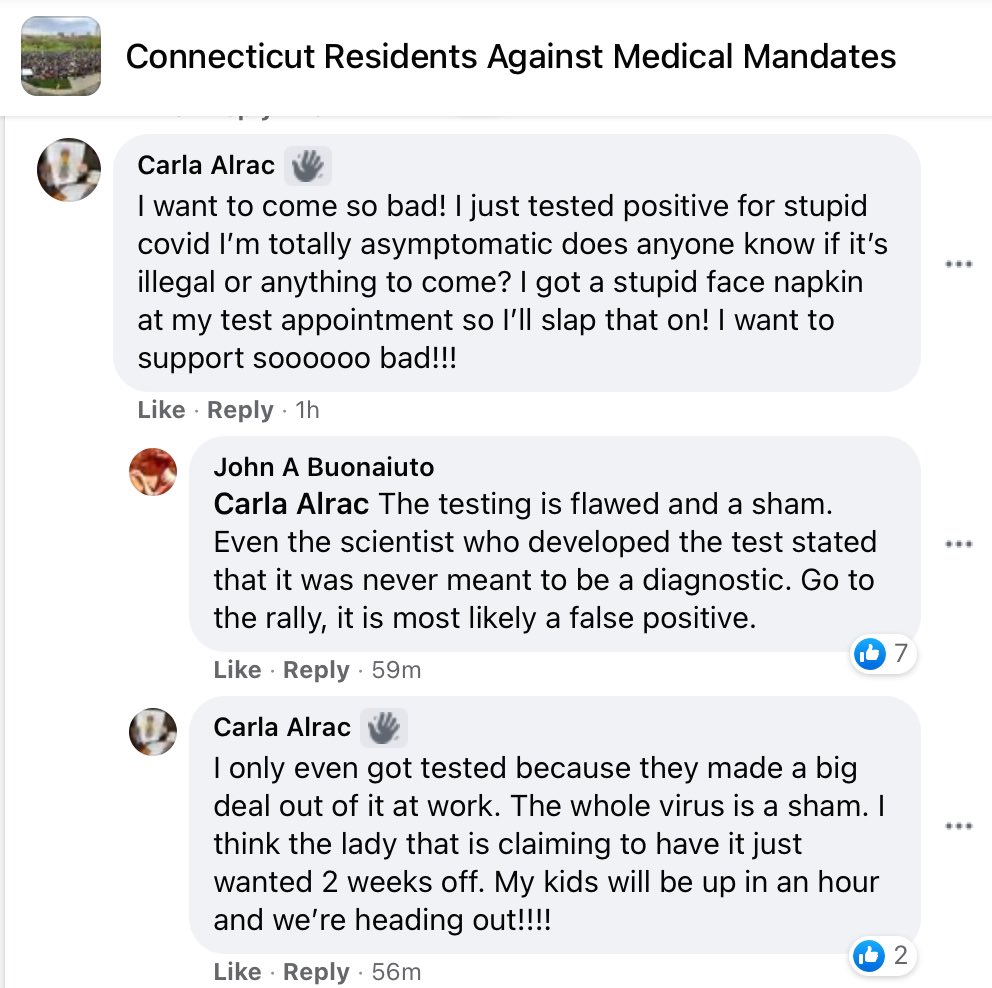 Connecticut anti-vaxxer just tested positive for COVID but screw it, she’s on her way to join the protest anyway.

I’m not in Connecticut...  Who should get tag on this one?