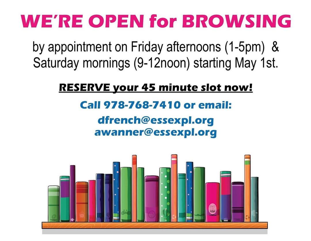VisitEssexMA's tweet image. Back open for browsing by appointment beginning this Saturday in #EssexMA! @essexpubliclibrary Wooo-whooo!!!

#TOHPBurnhamPublicLibrary #MyEssexMA #MyLocalMA #LoveMyLocal #DineShopStayPlayEssexMA