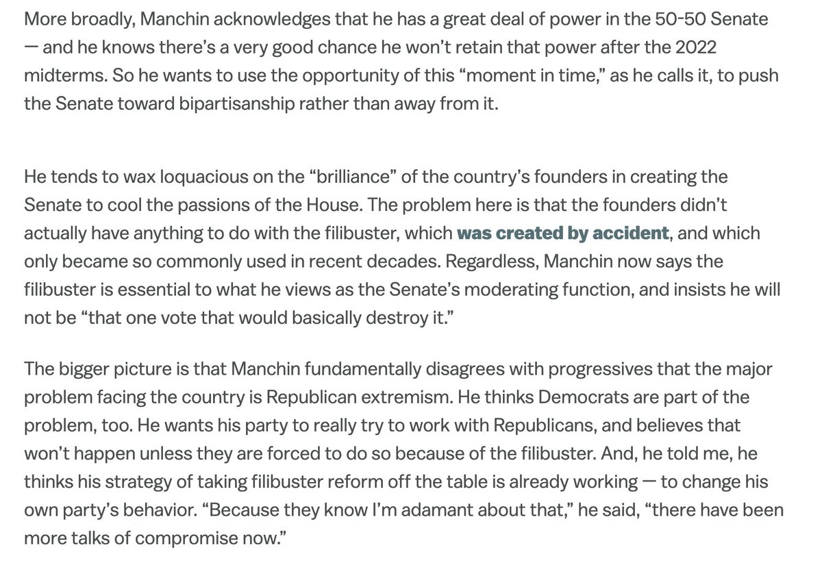 Manchin is concerned about extremism from the GOP base ("if you saw my emails on a daily basis, it's unreal," he told me). But he argues the solution is for Democrats to moderate, to try to turn down the temperature. He hopes that, by rejecting filibuster reform, that can happen
