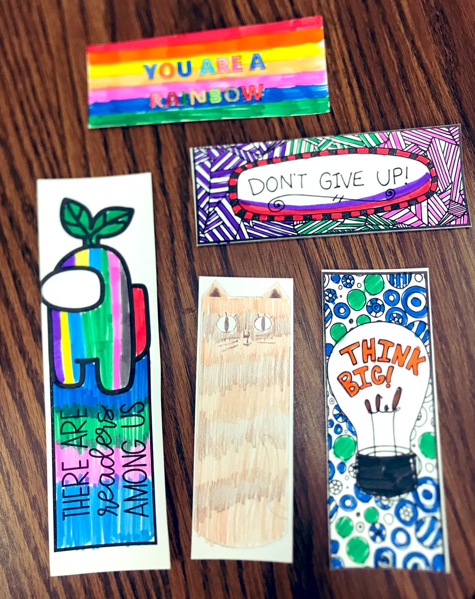 MendezMSLibrary's tweet image. Some of our bookmarks received a beautiful makeover by an 8th grade student this afternoon. They picked them out earlier when visiting the library with their class, and couldn’t wait to come back to show them off! Love the color choices! ❤️