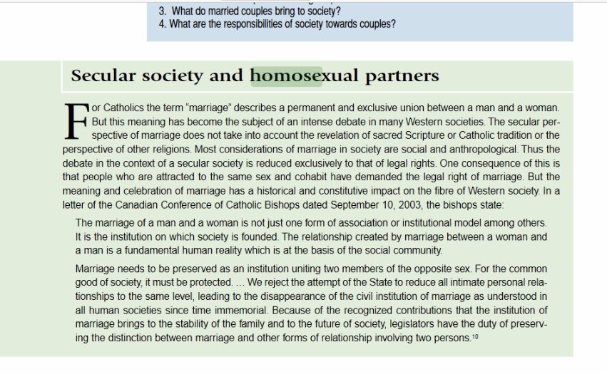 Utterly disgusted. Curiously, I had decided to take a look through my religion textbook. This is what can be found in my textbook from my religion class that I am currently taking.
This is why I advocate. We need to be supported today, the time to act is NOW!
#FlyTheFlag <a href="/HCDSB/">Halton Catholic DSB</a>