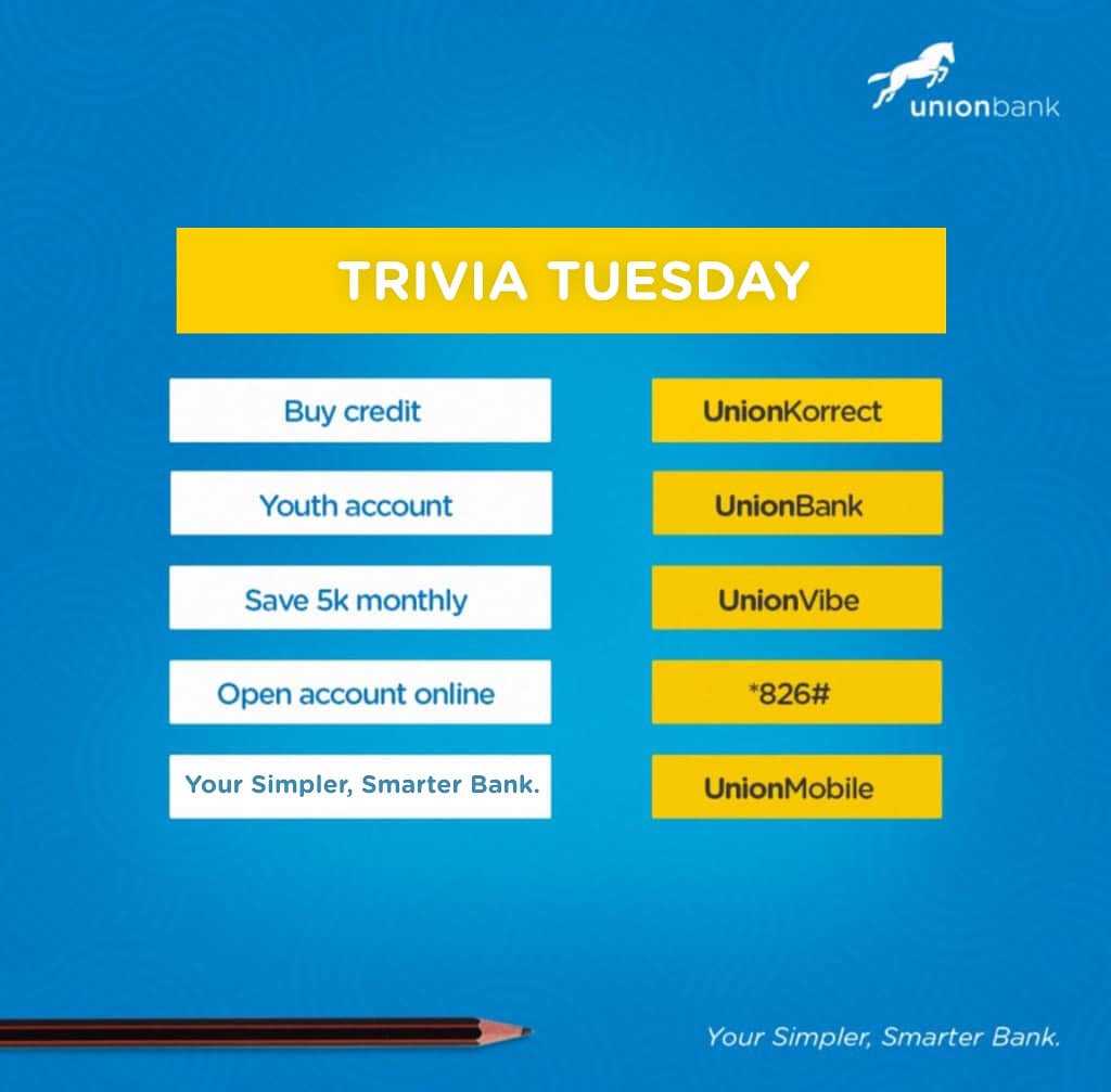 UNIONBANK_NG's tweet photo. Tuesday Trivia!
Black is to white as Union Bank is to?
Match the correct functions and let's see how well you know our services.
#TuesdayTrivia #UnionBank #UnionVibe #UnionMobile #UnionKorrect https://t.co/przWfiTG60