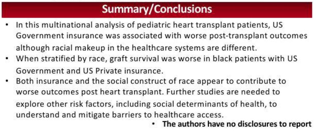 The social construct of #race appears to contribute to worse outcomes in #pedshearttransplant. The @PHTSociety continues to study social determinants of #health and is working towards elimination of disparate outcomes in pediatric heart transplant candidates and recipients.