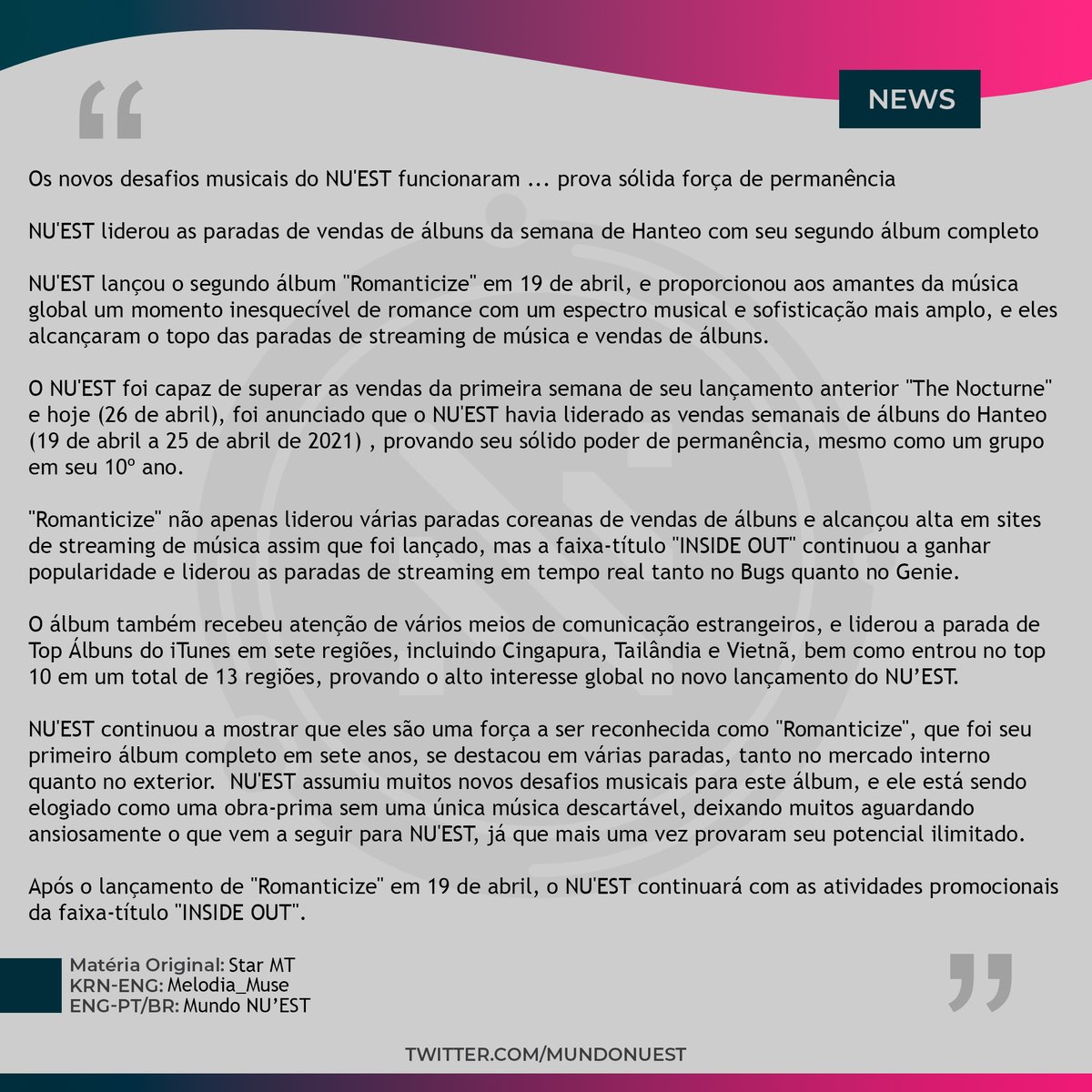 MundoNUEST's tweet photo. [💕] 26.04.21 - #NUEST lidera a parada semanal do Hanteo com o segundo álbum completo "Romanticize"
#뉴이스트 @NUESTNEWS https://t.co/4lPJNEuLIw