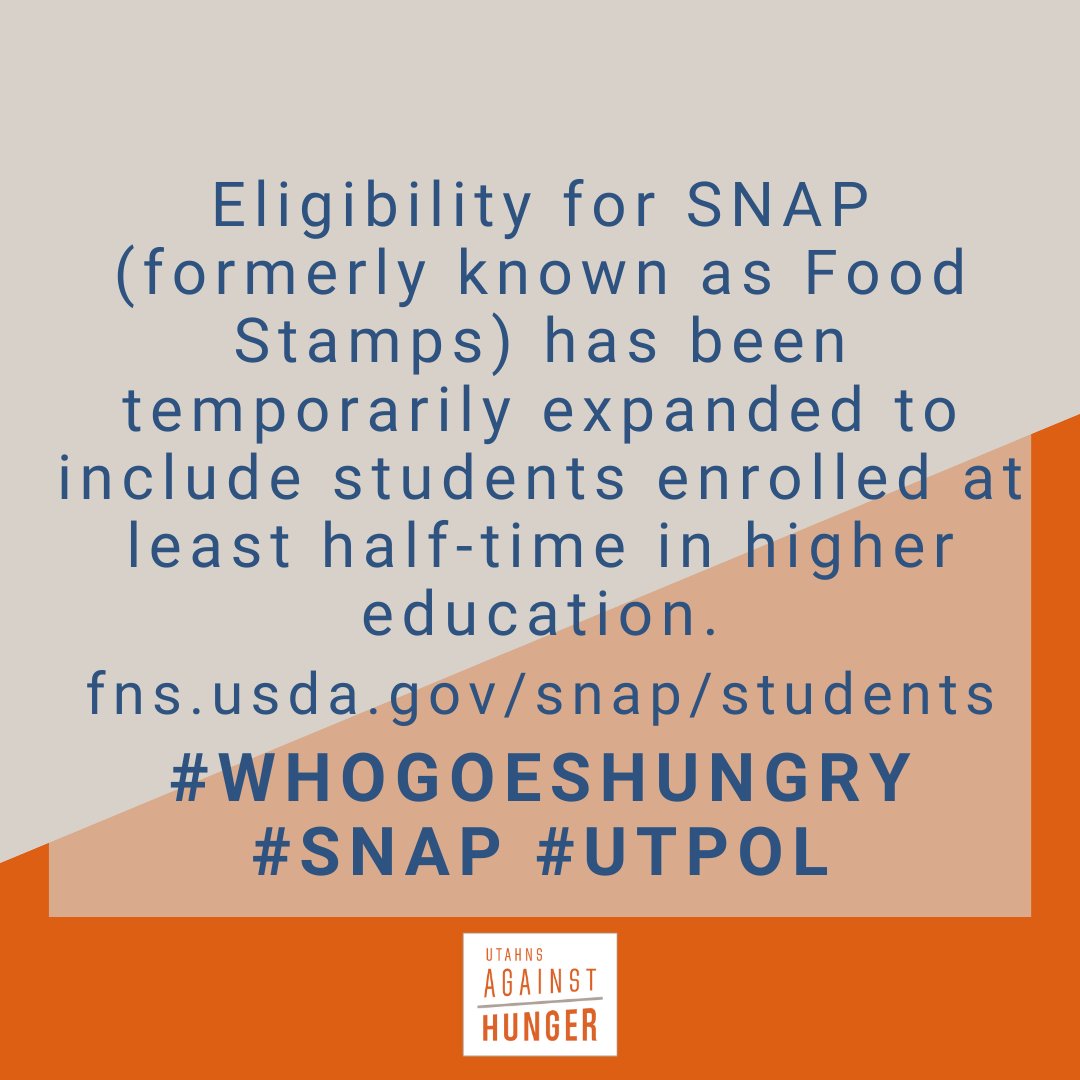 If you or someone you know is going to school, and are in need of food help, SNAP may be an option. Share this thread and help spread the word about the temporary expansion of eligibility for students in higher education.  #utpol  #uted  @higheredutah