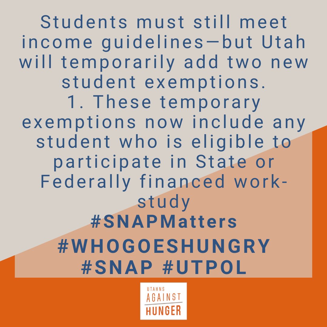 If you or someone you know is going to school, and are in need of food help, SNAP may be an option. Share this thread and help spread the word about the temporary expansion of eligibility for students in higher education.  #utpol  #uted  @higheredutah